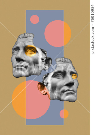 Collage with plaster antique sculpture of human face in a pop art style. Modern creative concept image with ancient statue head. Zine culture. Contemporary art poster. Funky minimalism. Retro design. Collage with plaster antique sculpture of human face in a pop art style. Modern creative concept image with ancient statue head. Zine culture. Contemporary art poster. Funky minimalism. Retro design. 76010984