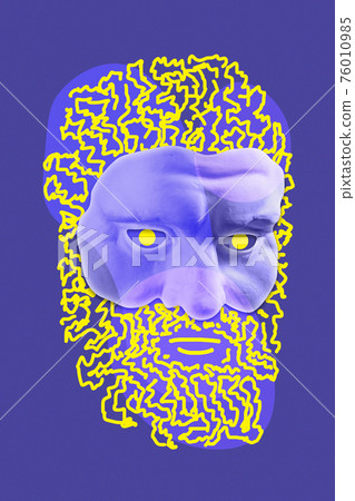 Collage with sculpture of human face in a pop art style. Modern creative concept image with ancient statue head. Zine culture. Contemporary art poster. Funky punk minimalism. Crypto art design. 76010985
