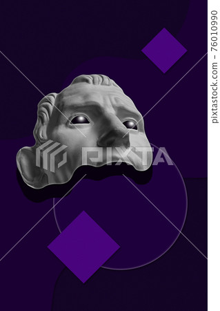 Collage with sculpture of human face in a pop art style. Modern creative concept image with ancient statue head. Zine culture. Contemporary art poster. Funky punk minimalism. Retro surreal design. 76010990