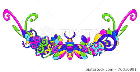 Decorative frame with stylized bugs and insects. Mexican ceramic cute naive art. 76010991