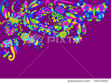 Decorative background with stylized bugs and insects. Mexican ceramic cute naive art. 76010993