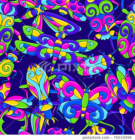 Seamless pattern with stylized bugs and insects. Mexican ceramic cute naive art. 76010996