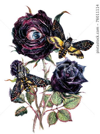 Halloween Watercolor Bouquet with Black Roses and Death's-Head Hawkmoth Halloween Watercolor Bouquet with Black Roses and Death's-Head Hawkmoth 76011114