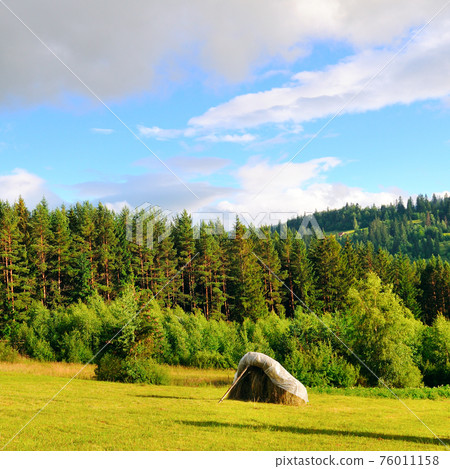 Haystack on the grassy field in summer. Landscape in mountains. 76011158