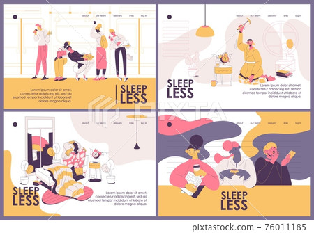 Landing pages templates about insomnia and people suffering from sleepless nights. Sad and depressed characters with coffee drawn in pink and yellow Landing pages templates about insomnia and people suffering from sleepless nights. Sad and depressed characters with coffee drawn in pink and yellow 76011185