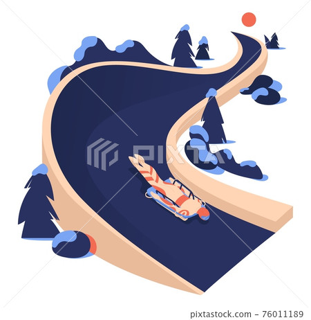 Skeleton character riding ice track in winter landscape. Trees and stones with snow. Concept professional sport illustration isolated on white