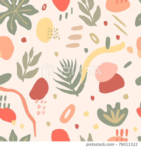 Seamless pattern with abstract elements, tropical leaves, lines, ovals and dots. Vector illustration of beige, green and brown colors for textiles. 76011322