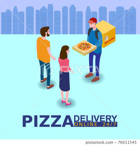 Pizza Delivery Service Isometric concept. Courier gives pizza box to couple woman and man. Fast 24 7 shipping, online food order template banner. Vector illustration 3d isolated Pizza Delivery Service Isometric concept. Courier gives pizza box to couple woman and man. Fast 24 7 shipping, online food order template banner. Vector illustration 3d isolated 76011545