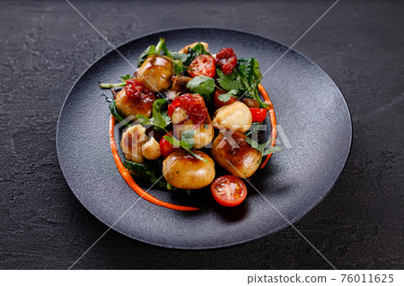 Grilled vegetables mix garnish, tasty vegan food Grilled vegetables mix garnish, tasty vegan food 76011625