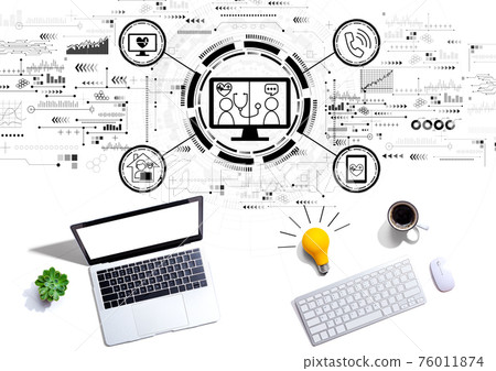 Telehealth theme with computers with a light bulb Telehealth theme with computers with a light bulb 76011874