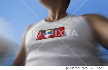 The national flag of Antigua and Barbuda on the athlete's chest The national flag of Antigua and Barbuda on the athlete's chest 76012299