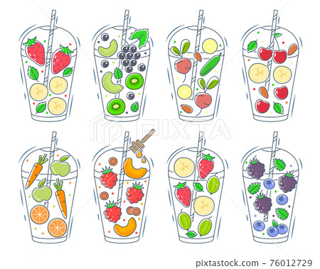 Food Ingredients Smoothie Color Thin Line Icon Set. Vector Food Ingredients Smoothie Color Thin Line Icon Set. Vector 76012729