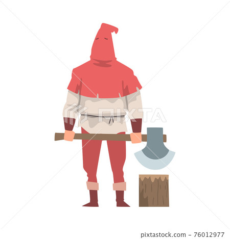 Medieval Executor or Headman Wearing Red Hat and Carrying Sharp Axe Vector Illustration 76012977