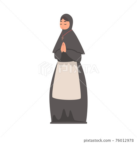 Medieval Woman Nun or Vestal Wearing Black Gown Praying Vector Illustration 76012978