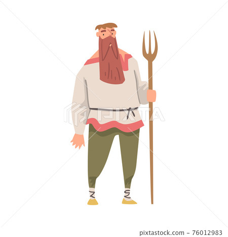 Bearded Medieval Male Peasant Standing with Fork Vector Illustration Bearded Medieval Male Peasant Standing with Fork Vector Illustration 76012983