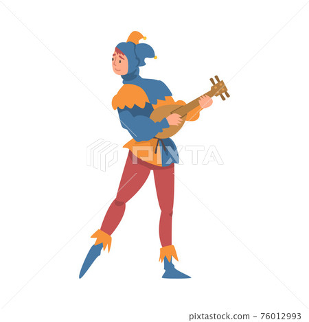 Medieval Jester Character in Bright Clownish Clothing and Bell Hat Playing Lute Vector Illustration 76012993