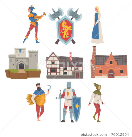 Middle Ages with Medieval People Characters, Coat of Arms and Fortress Vector Illustration Set 76012994