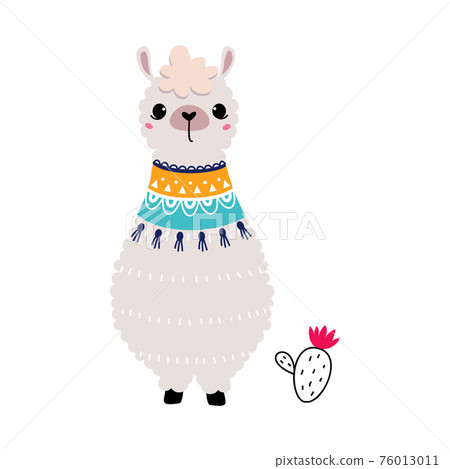 Pretty Wolly Llama or Alpaca Wearing Knitted Scarf with Tassel Vector Illustration 76013011