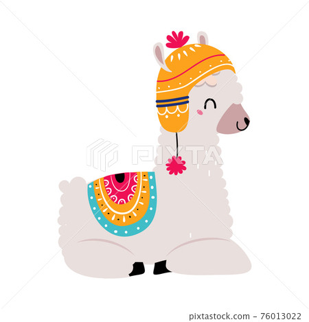 Pretty Wolly Llama or Alpaca Wearing Knitted Hat and Blanket Sitting Vector Illustration 76013022