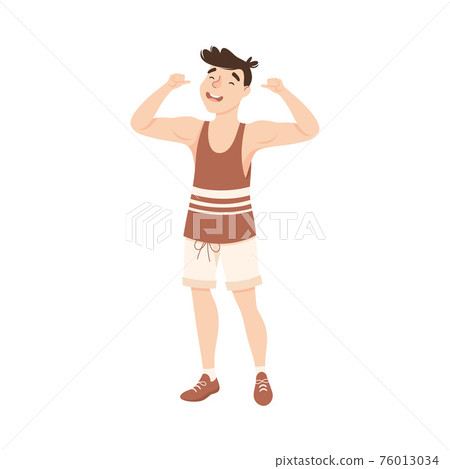 Young Male in Training Top and Shorts at Gym Showing His Biceps Vector Illustration 76013034