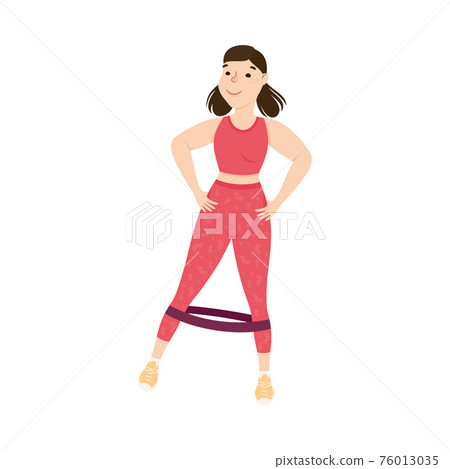 Young Female in Athletic Wear at Gym Doing Physical Exercise and Workout with Resistance Band Vector Illustration Young Female in Athletic Wear at Gym Doing Physical Exercise and Workout with Resistance Band Vector Illustration 76013035
