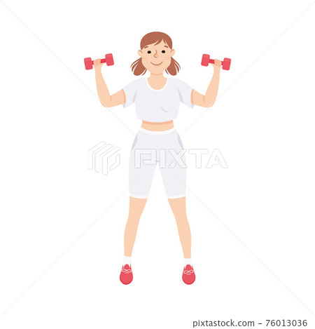 Young Female in Athletic Wear at Gym Lifting Dumbbell Doing Physical Exercise and Workout Vector Illustration 76013036