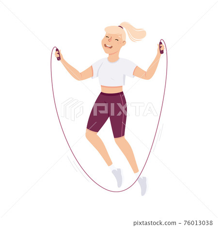 Blond Female in Sportswear at Gym Skipping or Jumping Rope Doing Physical Exercise and Workout Vector Illustration 76013038