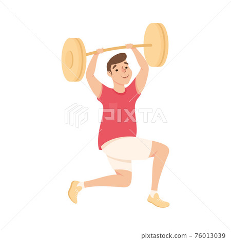 Man in Training Shorts at Gym Lifting Barbell Doing Physical Exercise and Workout Vector Illustration 76013039