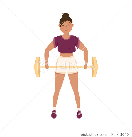 Young Female in Athletic Wear at Gym Lifting Barbell Doing Physical Exercise and Workout Vector Illustration 76013040