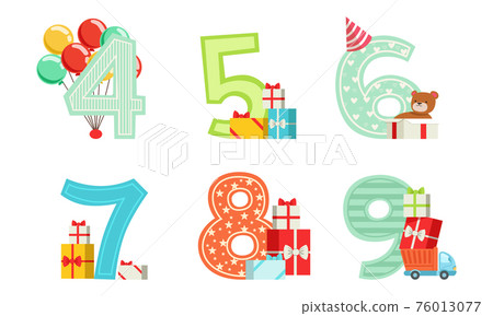 Anniversary Numbers with Gift Boxes and Inflatable Balloons Set, Kids Birthday Party Design Elements Cartoon Vector Illustration 76013077