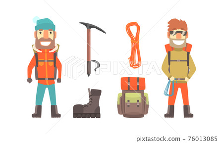 Mountaineering Adventure, Alpinism Set, Mountain Climbers and Equipment for Climbing Cartoon Vector Illustration Mountaineering Adventure, Alpinism Set, Mountain Climbers and Equipment for Climbing Cartoon Vector Illustration 76013085