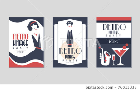 Retro Party Invitation Cards with Saxophone and Female in Black Dress Vector Set 76013335
