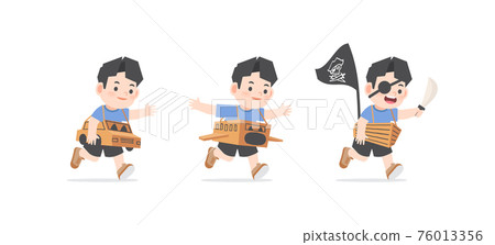 A imaginative asain boy be happy with playing car, airplane, boat cardboard box on white background, illustration vector. Kids concept A imaginative asain boy be happy with playing car, airplane, boat cardboard box on white background, illustration vector. Kids concept 76013356