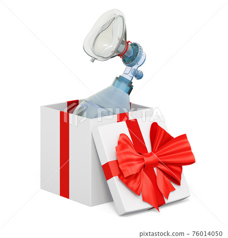 Bag valve mask inside gift box, present concept. 3D rendering 76014050