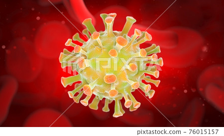 Image of Flu COVID-19 virus cell under the microscope on the blood. 3D illustration Image of Flu COVID-19 virus cell under the microscope on the blood. 3D illustration 76015157