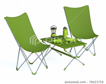 Green folding camping table and chairs 3D Green folding camping table and chairs 3D 76015758
