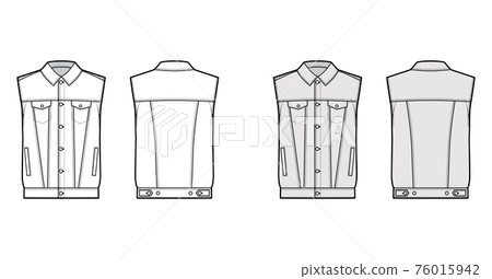 Standard denim vest technical fashion illustration with flap welt pockets, button closure, classic collar, sleeveless Standard denim vest technical fashion illustration with flap welt pockets, button closure, classic collar, sleeveless 76015942