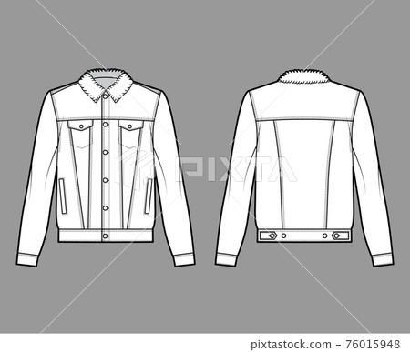 Sherpa lined denim jacket technical fashion illustration with oversized body, flap pockets, button closure, long sleeves 76015948