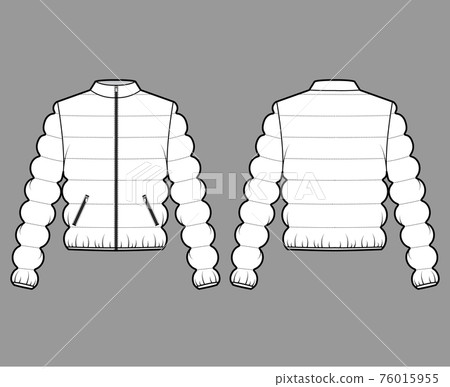 Down jacket puffer waistcoat technical fashion illustration with long sleeve, stand collar, zip-up closure, pockets Down jacket puffer waistcoat technical fashion illustration with long sleeve, stand collar, zip-up closure, pockets 76015955