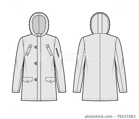 N-3B flight parka technical fashion illustration with oversized, fur hood, long sleeves, flap pockets, button opening 76015963