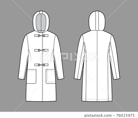 Clasp coat technical fashion illustration with long sleeves, hood, oversized body, patch pockets, knee length. Flat Clasp coat technical fashion illustration with long sleeves, hood, oversized body, patch pockets, knee length. Flat 76015975