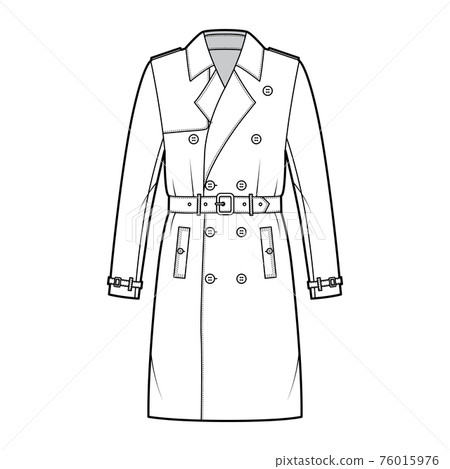 Trench coat technical fashion illustration with belt, double breasted, long sleeves, knee length, storm flap Flat jacket 76015976
