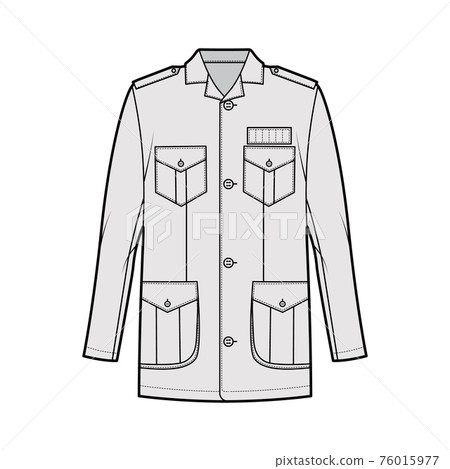 Safari jacket technical fashion illustration with oversized, open collar, long sleeve, flap pockets, buttons, epaulettes Safari jacket technical fashion illustration with oversized, open collar, long sleeve, flap pockets, buttons, epaulettes 76015977