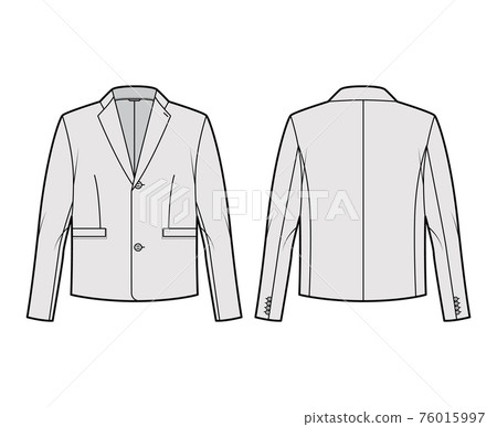 Single breasted jacket suit technical fashion illustration with long sleeves, notched lapel collar, flap welt pockets. Single breasted jacket suit technical fashion illustration with long sleeves, notched lapel collar, flap welt pockets. 76015997