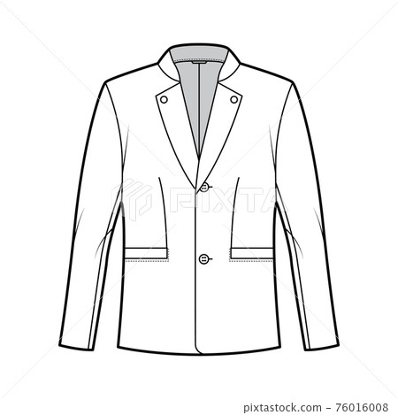 Tyrolean jacket tuxedo technical fashion illustration with long sleeves, stand lapel collar, welt pockets. Flat Austrian Tyrolean jacket tuxedo technical fashion illustration with long sleeves, stand lapel collar, welt pockets. Flat Austrian 76016008