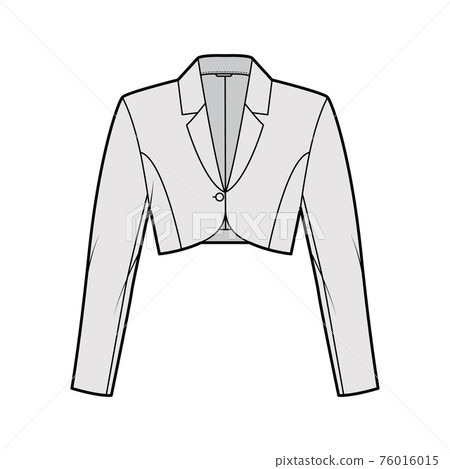 Bolero jacket technical fashion illustration with crop waist length, long sleeves, notched collar, button closure. Flat Bolero jacket technical fashion illustration with crop waist length, long sleeves, notched collar, button closure. Flat 76016015