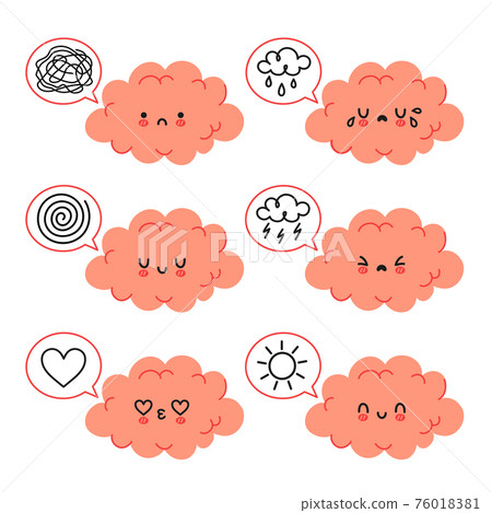 Cute funny brain character in different emotional mood set. Vector hand drawn cartoon kawaii character illustration icon. Isolated on white background. Brain mental health bundle character concept 76018381