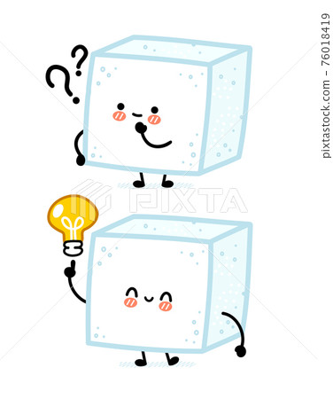 Cute sugar piece cube character with question mark and idea lightbulb. Vector flat line cartoon kawaii character illustration icon. Isolated on white background. Sugar cube character concept 76018419