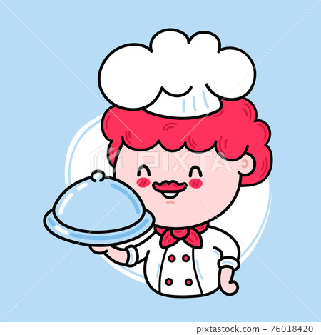 Cute funny chef cook character serving a dish. Vector hand drawn cartoon kawaii character illustration icon. Cute kawaii cook chef character logo concept 76018420