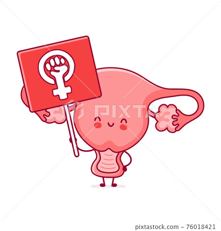Cute happy uterus organ hold feminism sign character. Vector flat line cartoon kawaii character illustration icon. Isolated on white background. Uterus with feminism sign concept 76018421